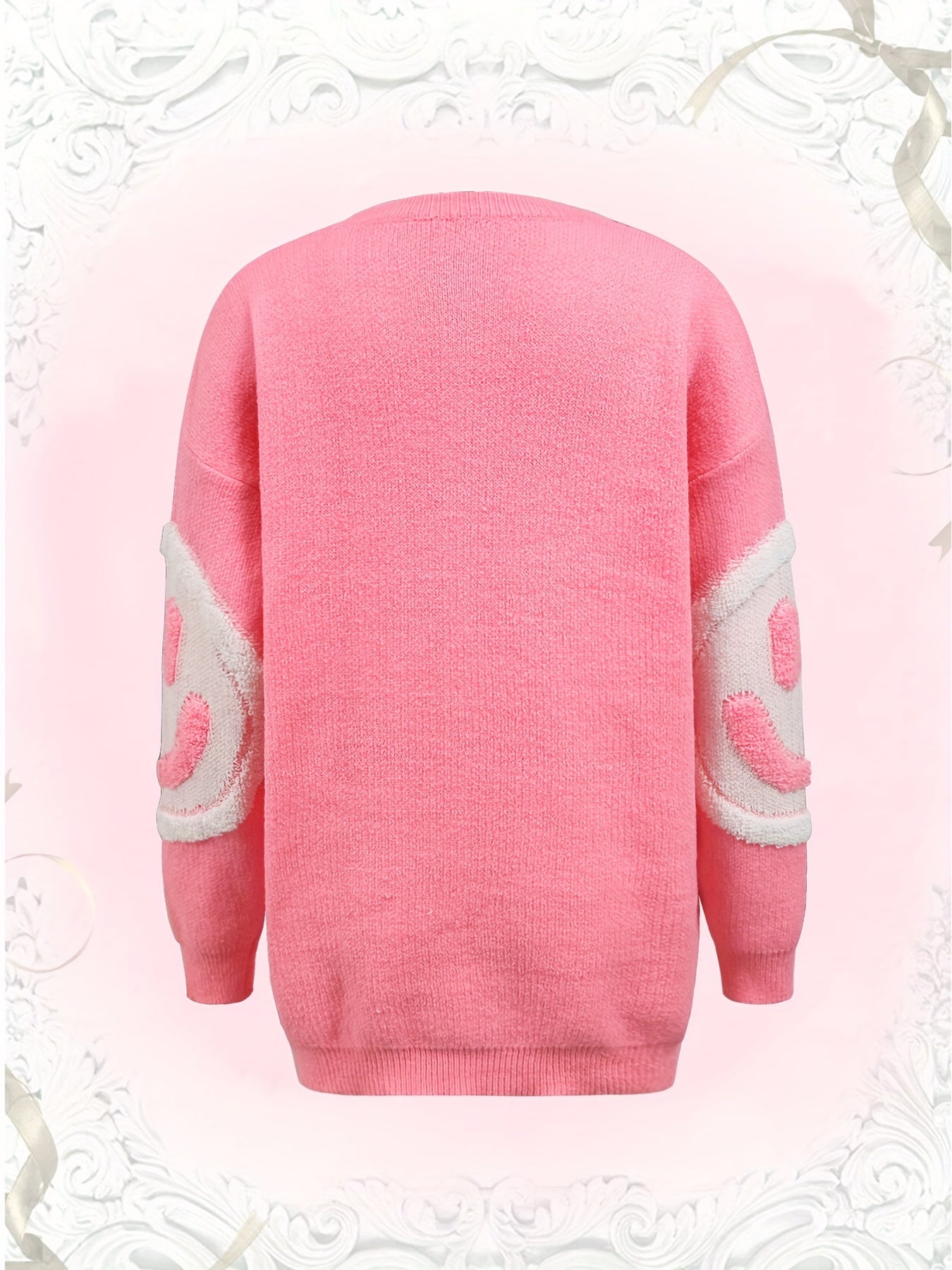 Chic joyful Face Jacquard Sweater for Women - Cozy Long Sleeve Crew Neck Pullover, Perfect for Fall/Winter - Soft & Warm - For Women - Suitable for Fall/Winter - Great Gift for Birthday & Holidays